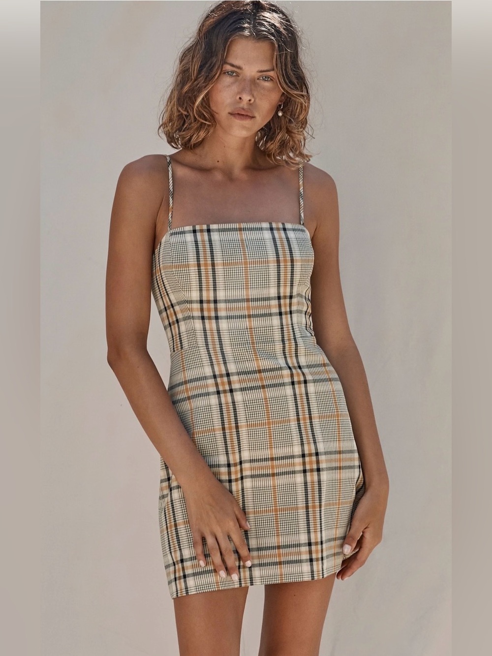 Aritzia Wilfred Plaid Mini Dress | Neutral Check Print | Size Small
